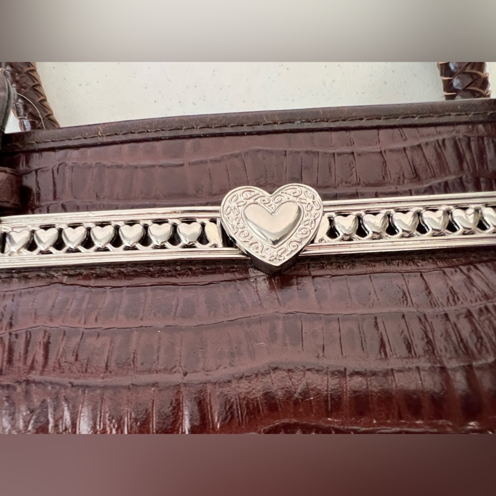 VINTAGE BROWN LEATHER HANDBAG W/SILVER ACCENTS. CROC TEXTURE BRAIDED HANDLES - Picture 10 of 10